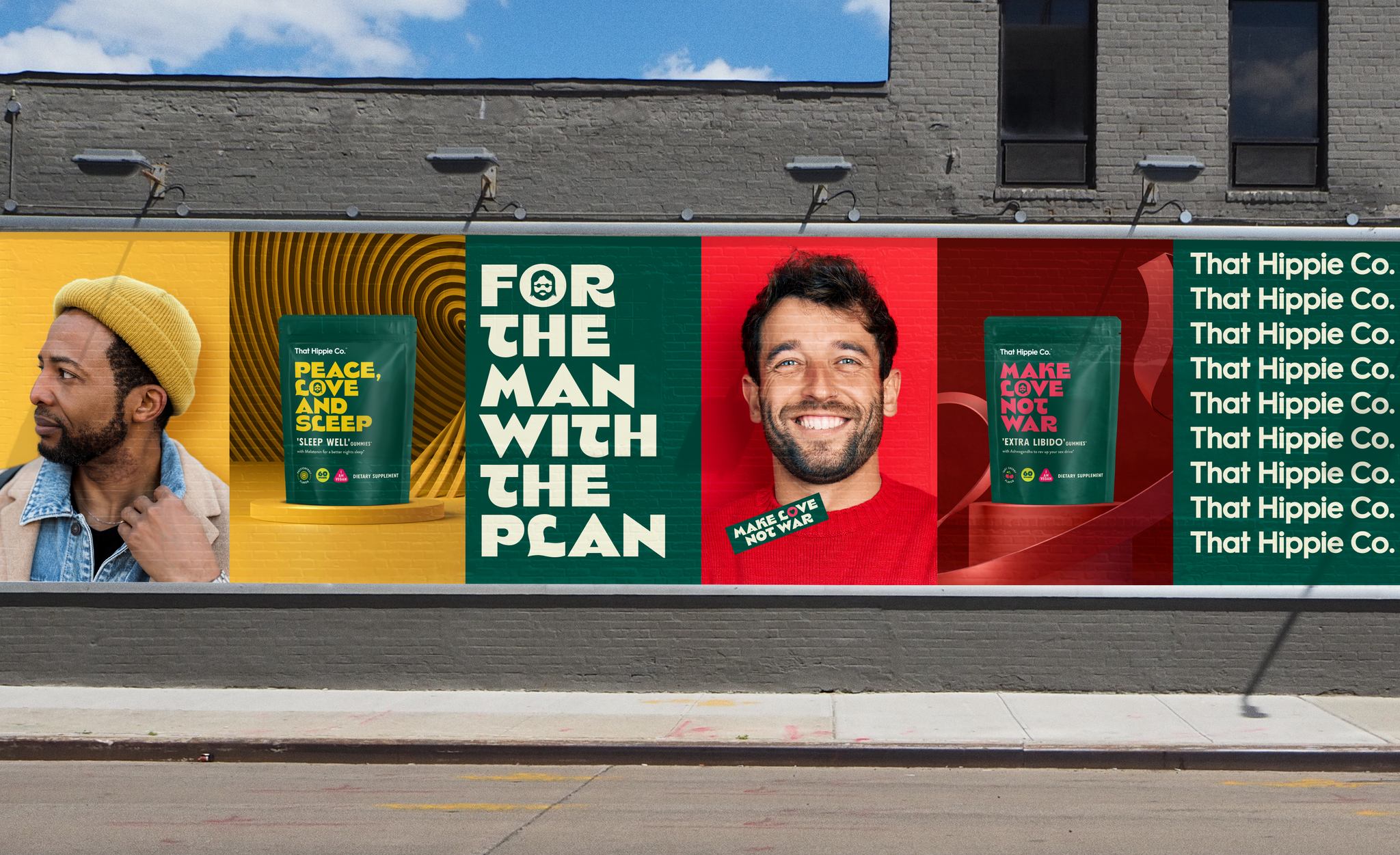 Gummy brand poster design on urban street designed by creative brand agency Our Revolution for That Hippie Co.