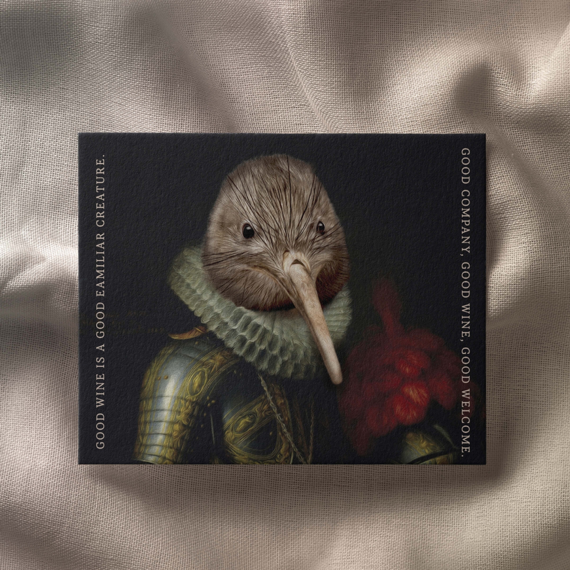 Packaging design by Our Revolution for wine brand Noble Fellows featuring a portrait of a kiwi bird wearing historical knight outfit in a Renaissance portrait surrounded by text “Good wine is a good familiar creature. Good company, good wine, good welcome.”