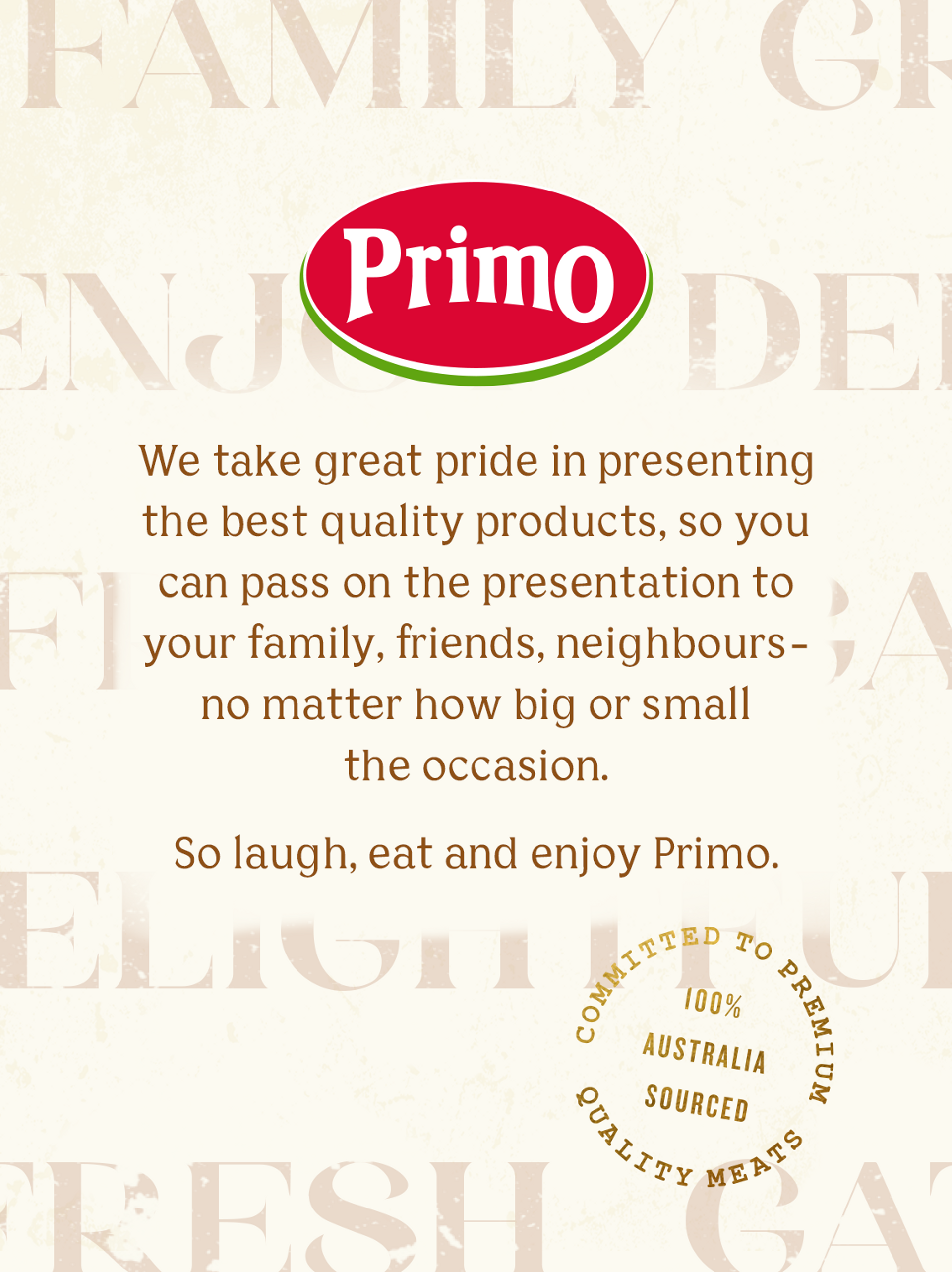 Text describing the branding of meat brand Primo on a textured collage of keywords