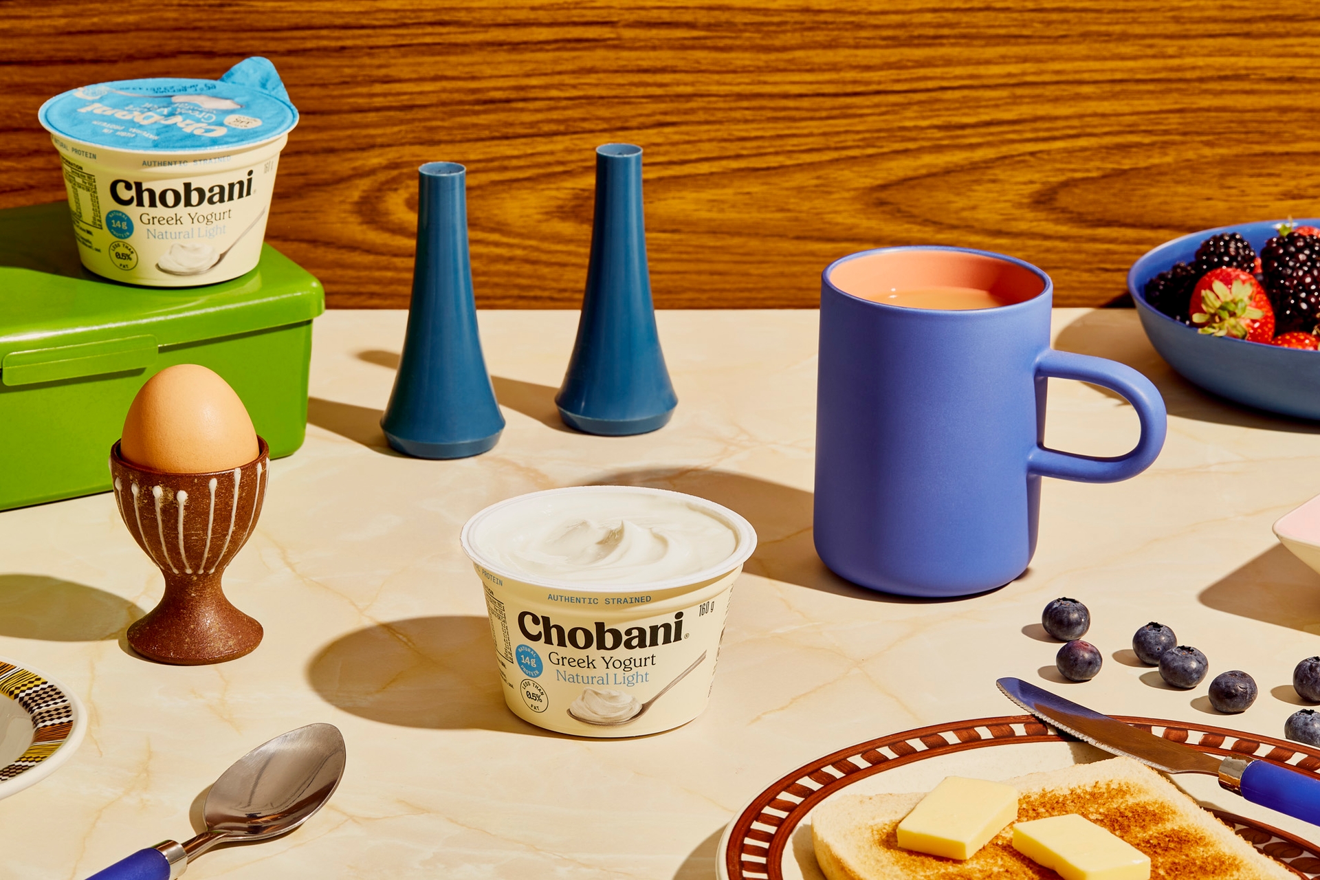 Art direction of seventies retro breakfast scene with Chobani Greek Yogurt, packaging design by branding agency Our Revolution Sydney London Jen Doran