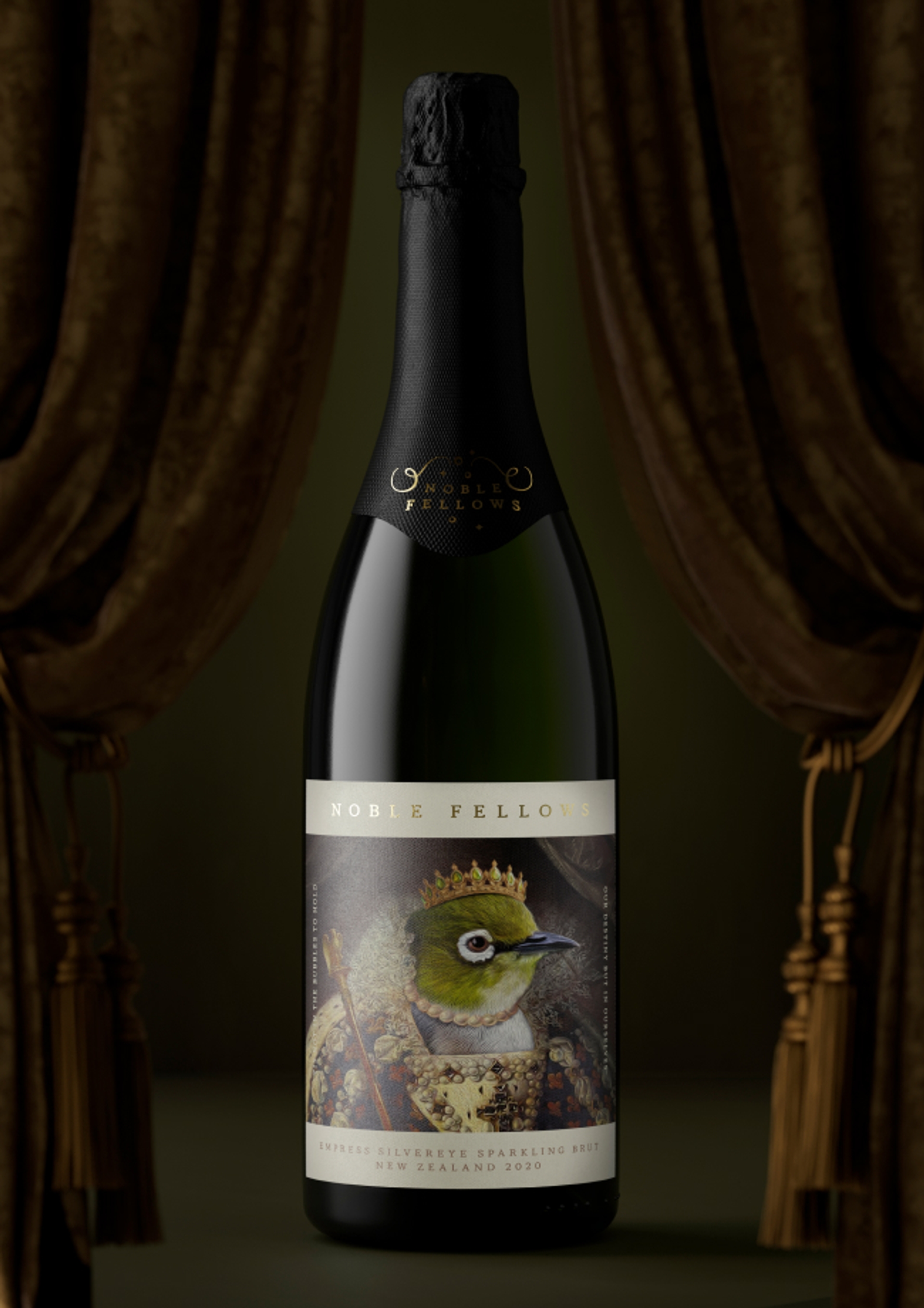 Wine label design Sydney A bottle of Noble Fellows “Empress Silvereye Sparkling Brut” in front of dark brown velvet curtains, wine label design by Our Revolution