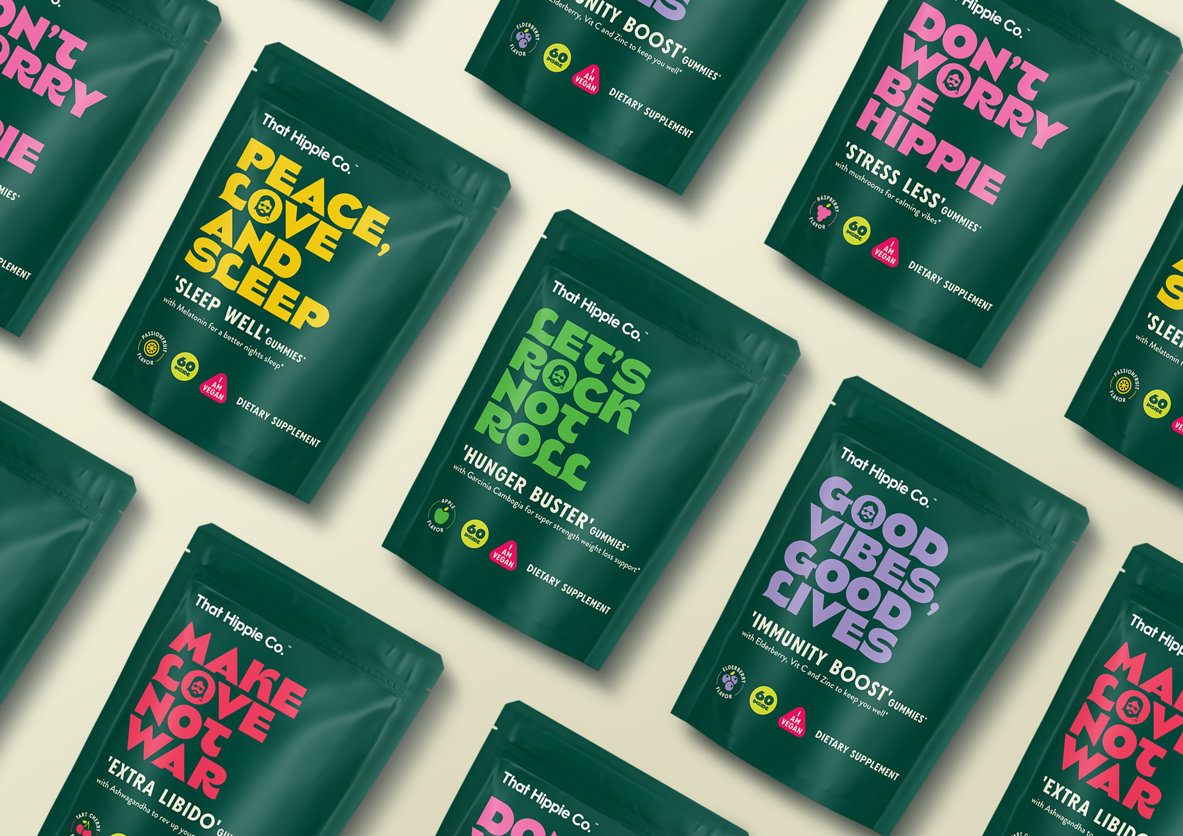 Gummies supplements for men product range for dietary supplement brand That Hippie Co., brand and packaging design by Our Revolution