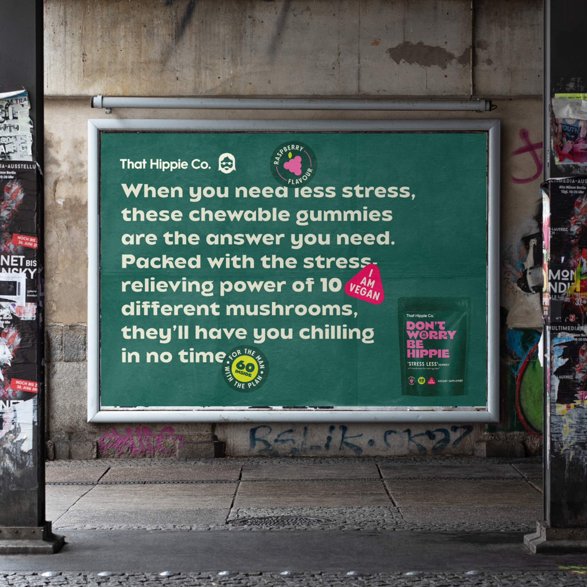 Framed landscape poster design with fun copywriting against graffiti wall, by branding design agency Our Revolution for dietary supplement brand That Hippie Co.