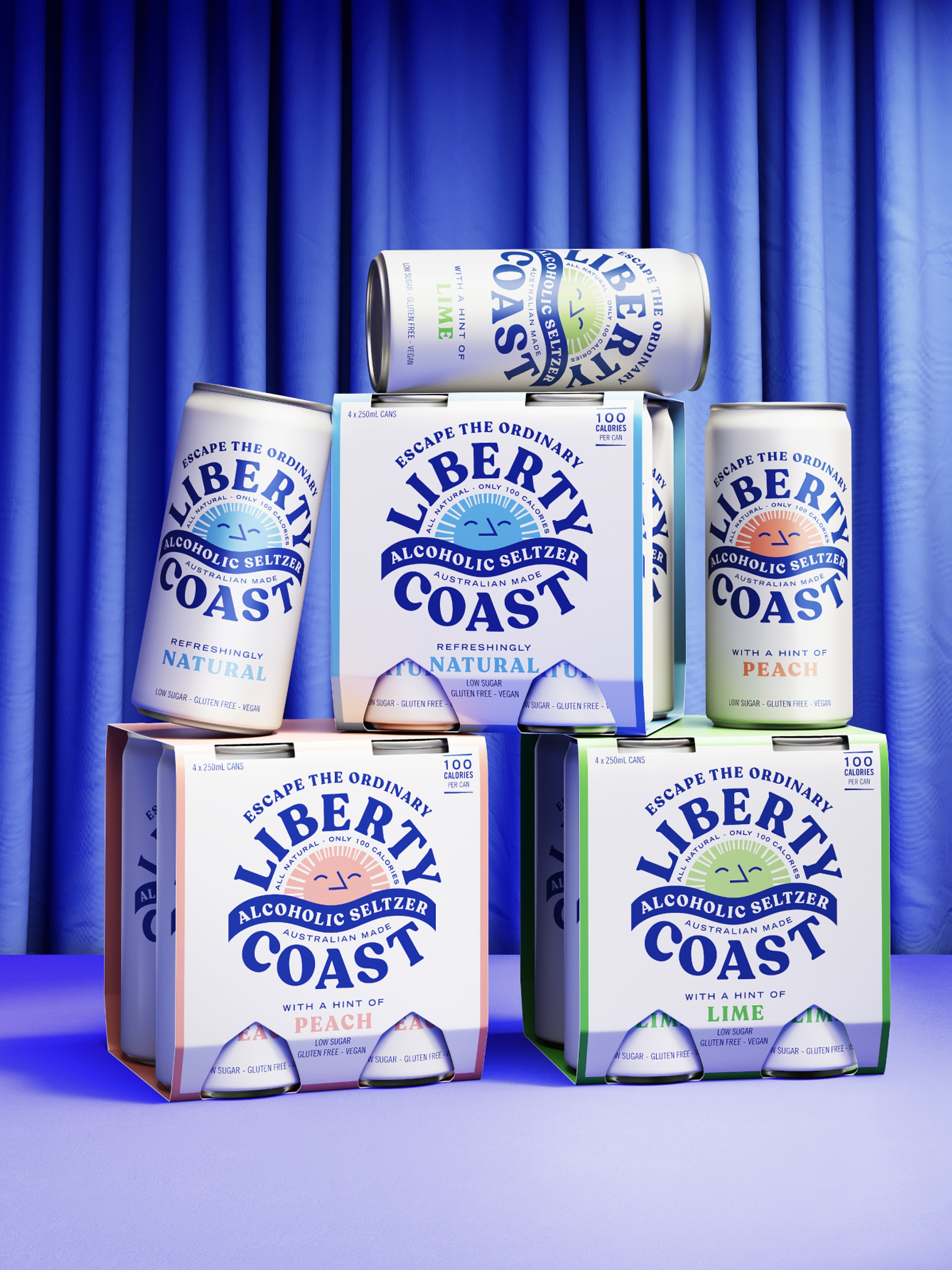 Liberty Coast Alcoholic Seltzer packaging design range in front of a blue curtain by packaging design agency Our Revolution