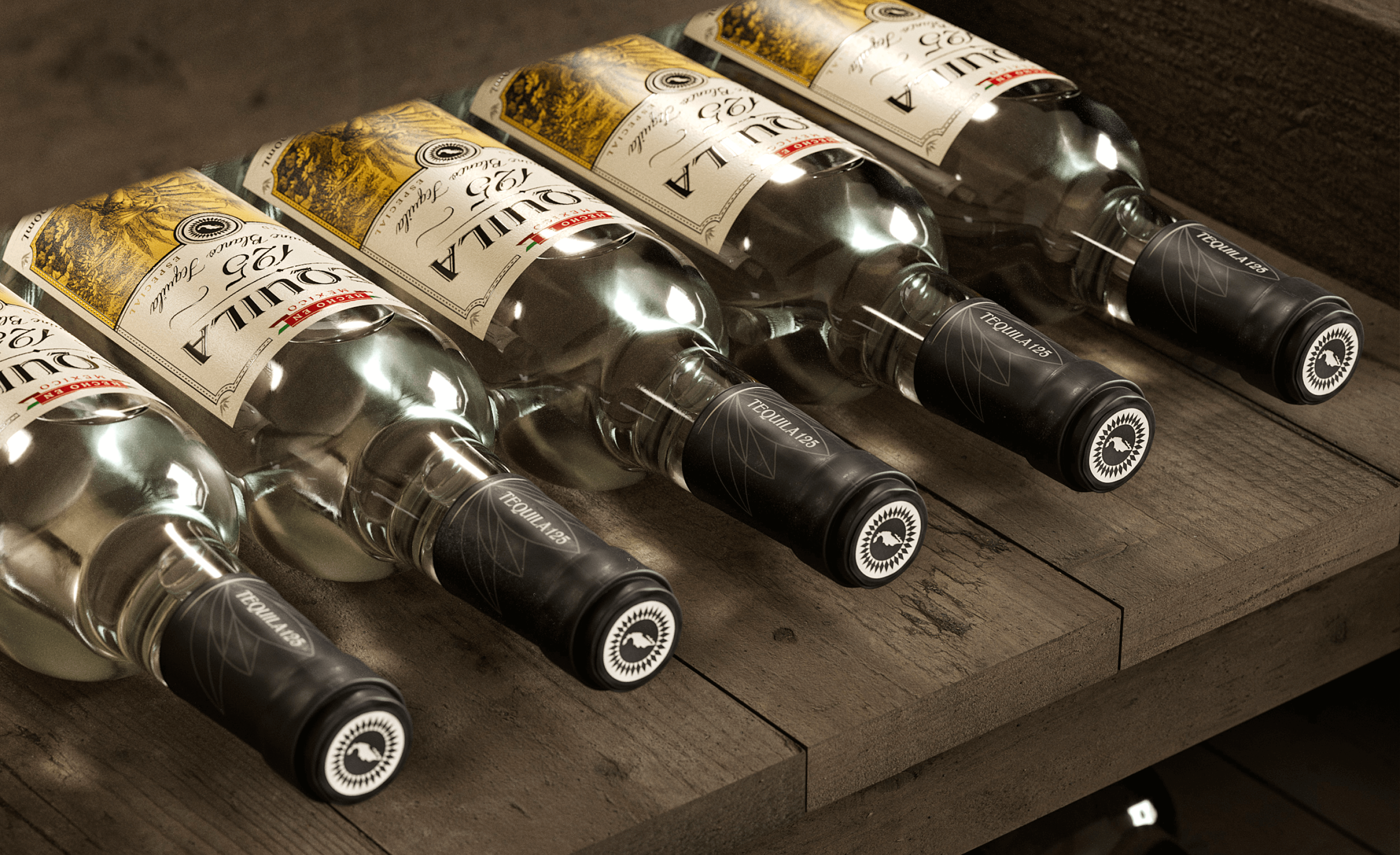 A wooden shelf of bottles of alcohol brand Tequila 125. Tequila branding and packaging design by Our Revolution in Sydney