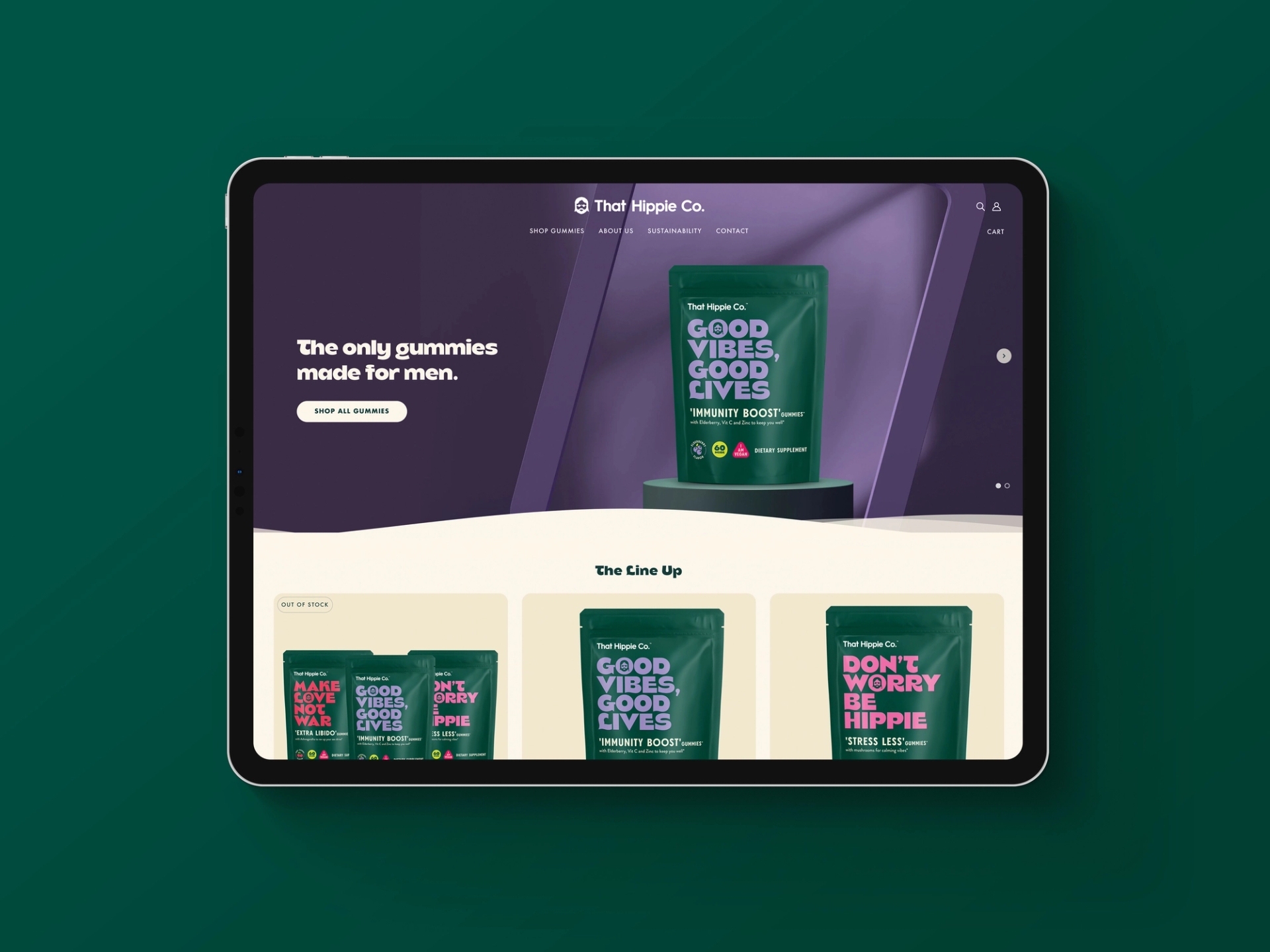 Landscape tablet design of That Hippie Co. website and online store selling gummy supplements, branding design by Our Revolution