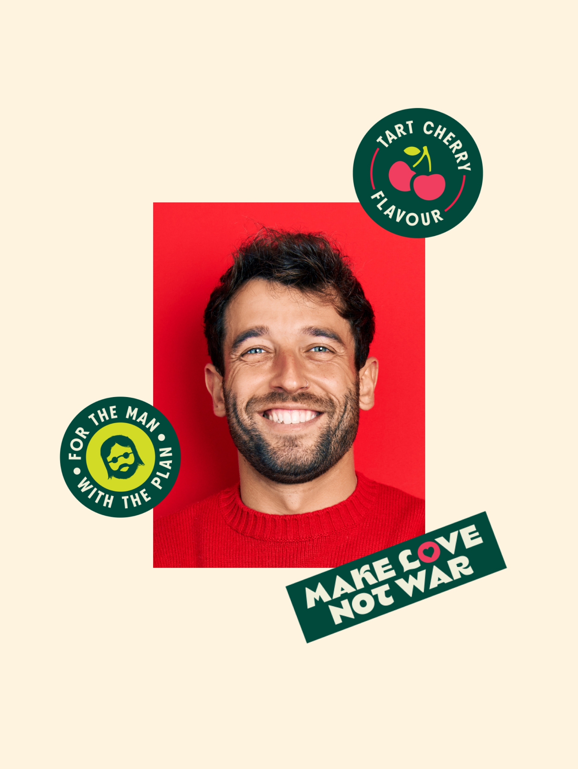 Smiling man surrounded by colourful illustration for gummies supplement brand That Hippie Co, art direction by Our Revolution