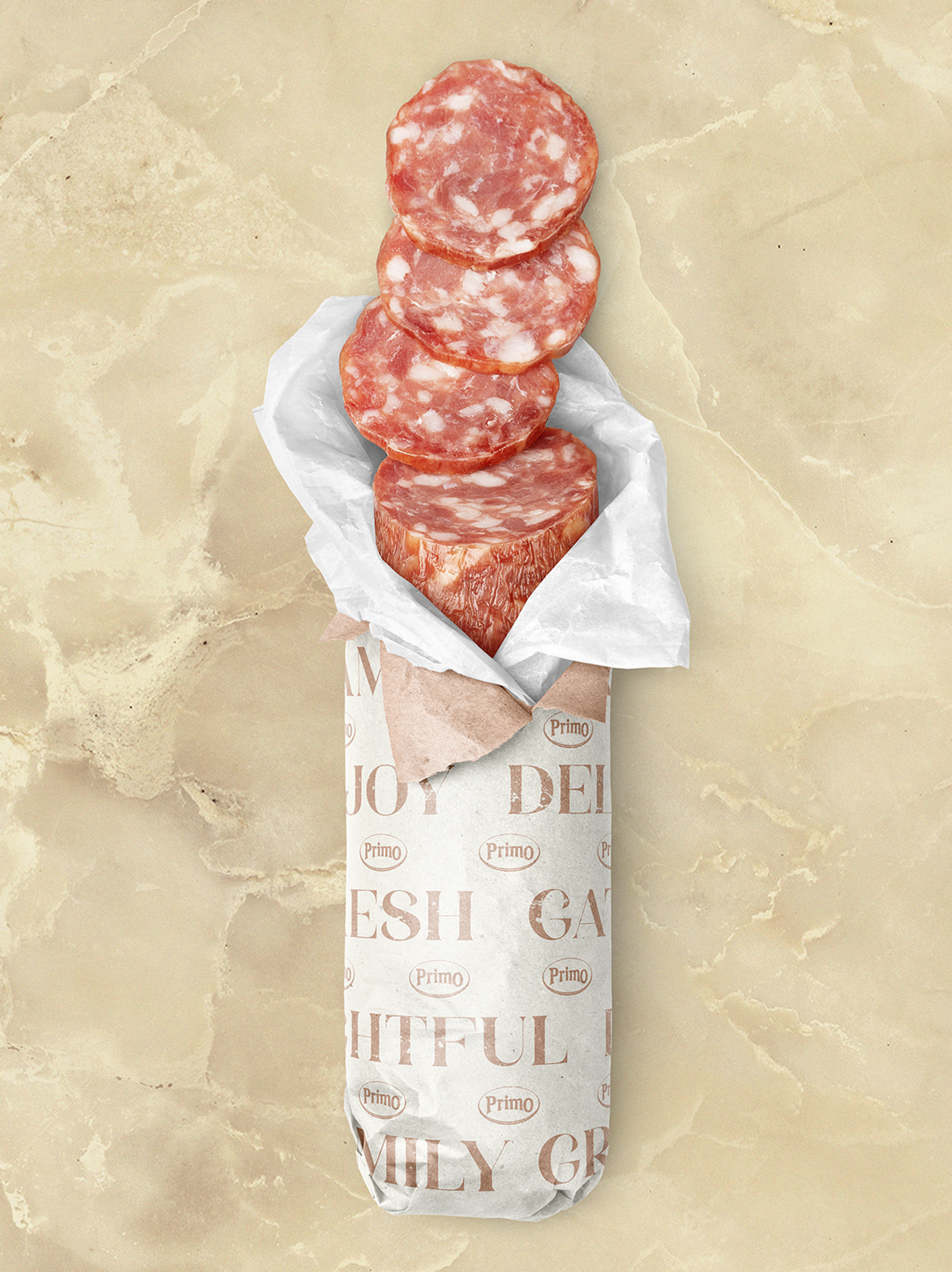 Meat brand and packaging design of an open roll of Primo’s salami, packaging design by Our Revolution