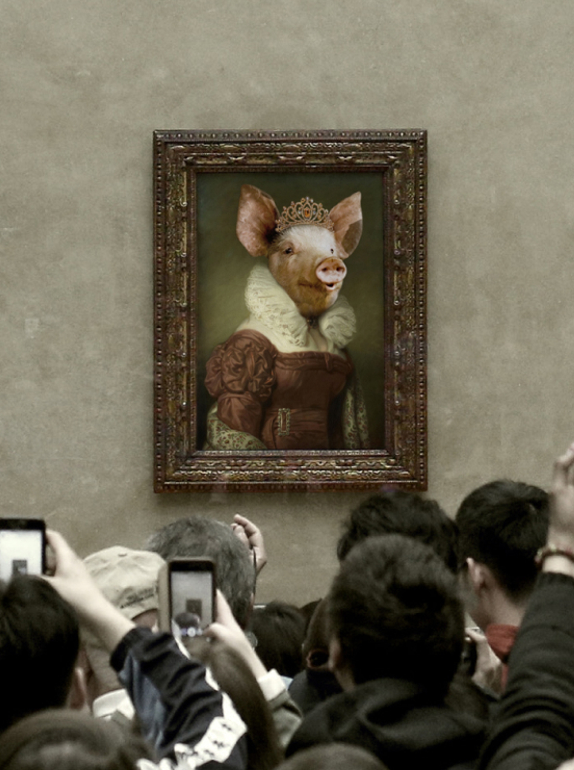 Like the mona lisa, a crowd of people taking photographs of a framed Renaissance portrait of a pig wearing a tiara and a historical royal European dress, created by brand agency Our Revolution