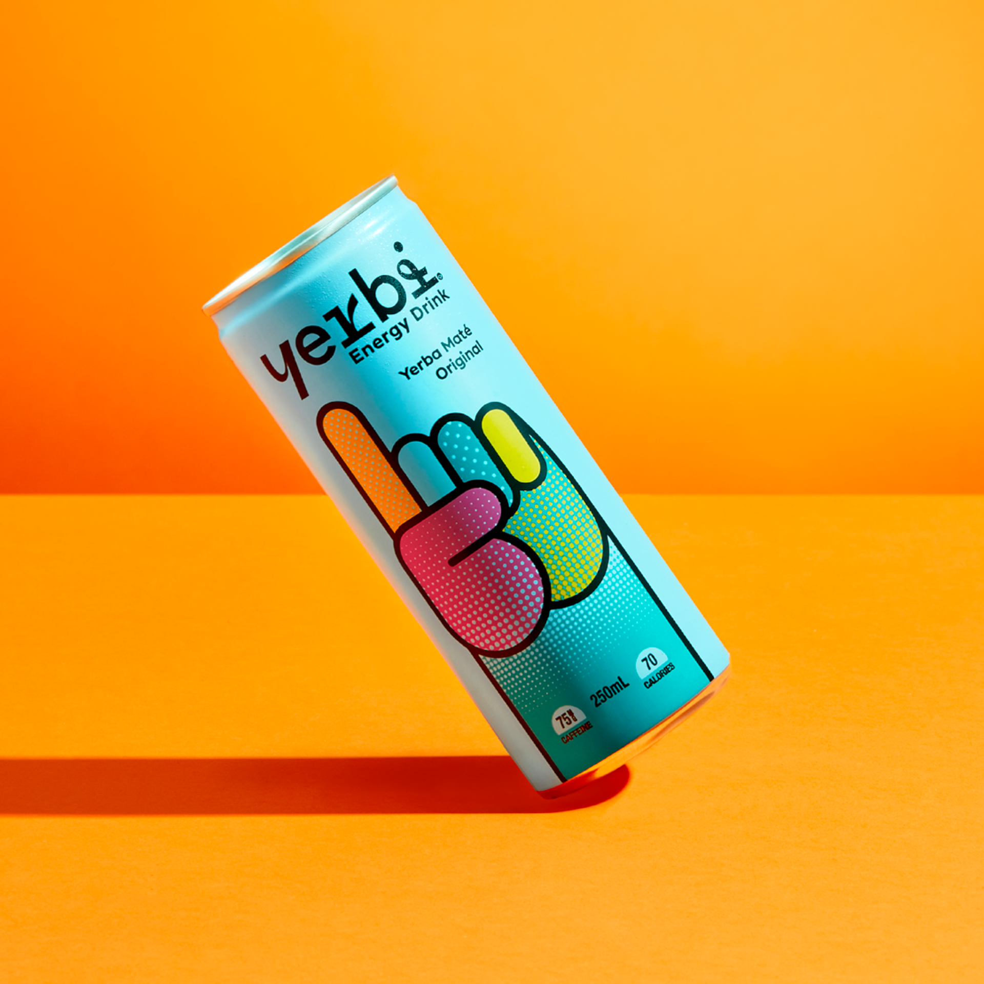 Tilted Yerbi Energy Drink can on orange background, packaging design by Our Revolution Sydney London Jen Doran