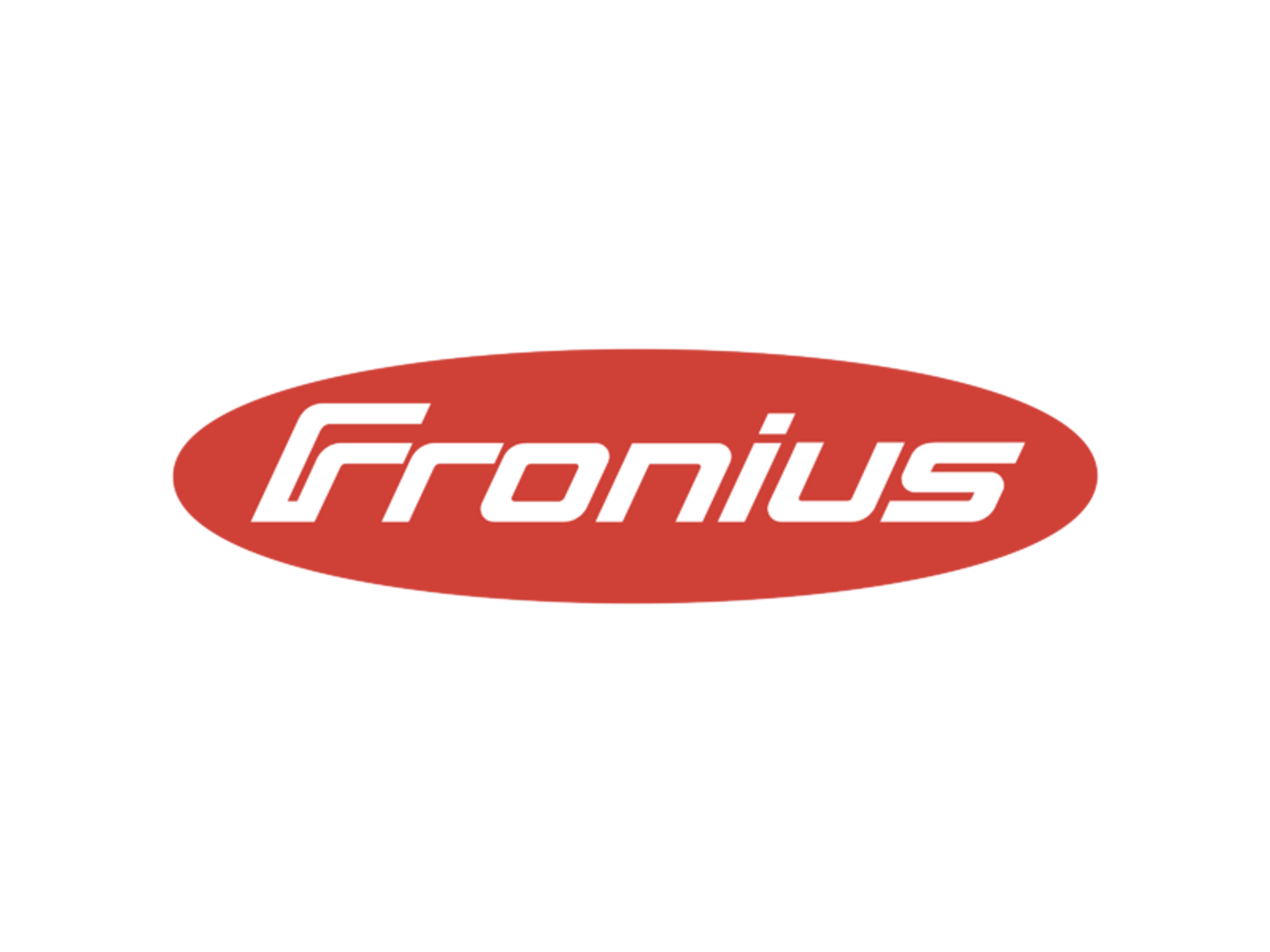 Fronius logga, vit text på röd botten.
