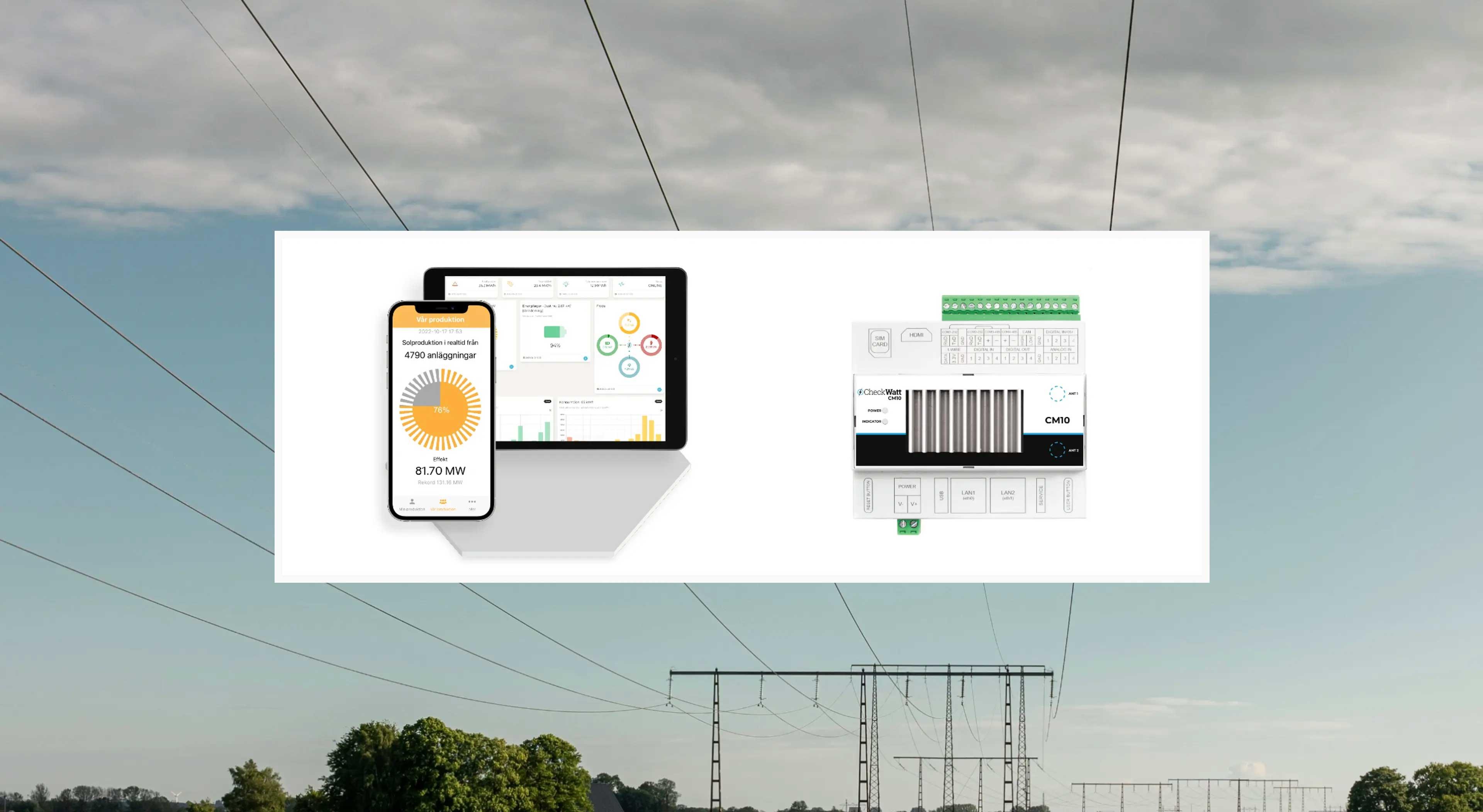 Himmel med elledningar. I mitten av bilden syns skärmar med data från CheckWatt, samt elmätaren CM10.