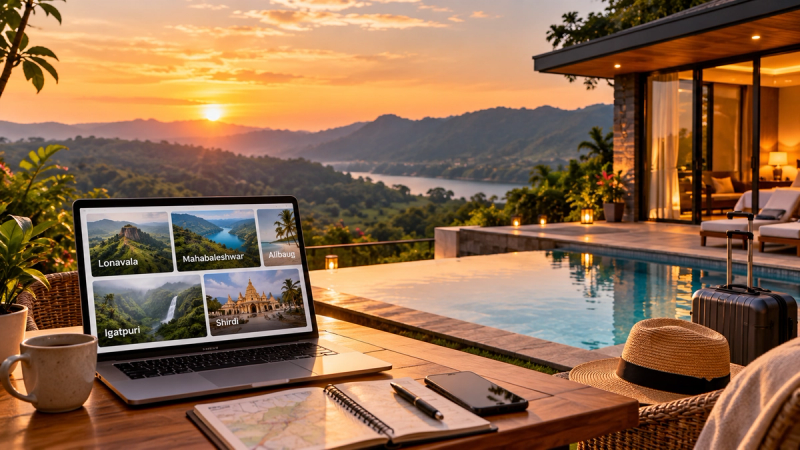 Luxury resort with infinity pool overlooking Maharashtra's scenic hills at sunset, featuring a laptop displaying Lonavala, Mahabaleshwar, Alibaug, Igatpuri and Shirdi holiday destinations.