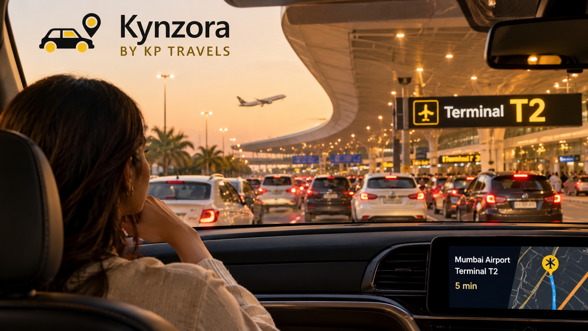 Illustration of a traveller in a cab approaching an airport in heavy traffic, with Kynzora by KP Travels branding.