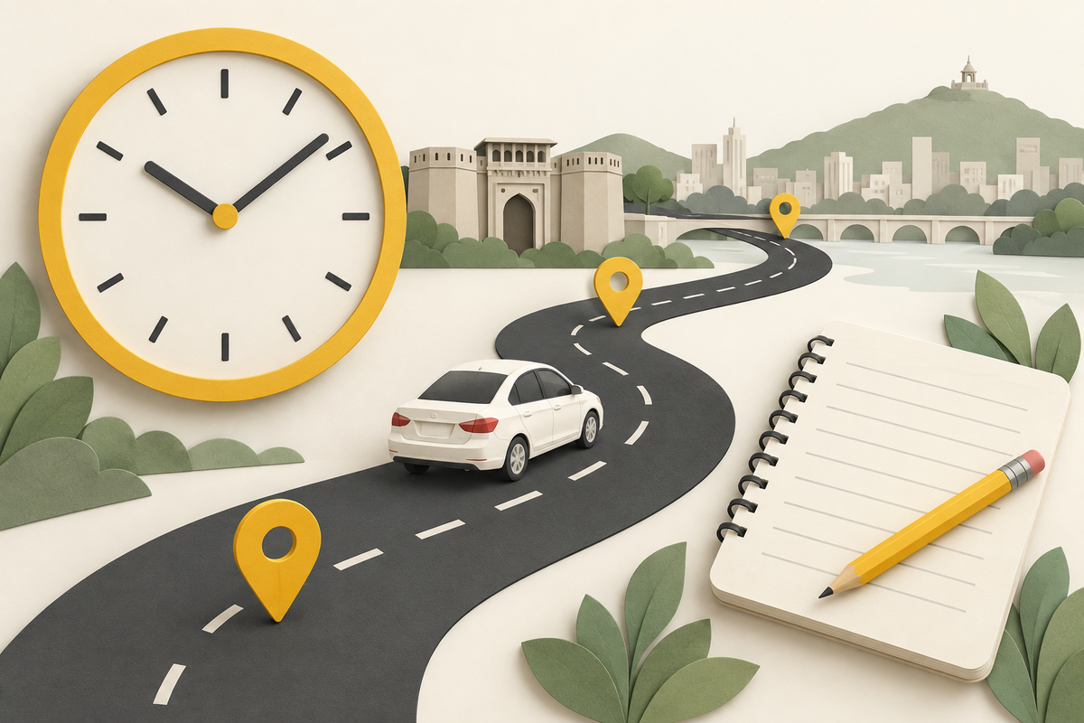 Illustration: Clock, route and sedan representing rental hours and kilometres
