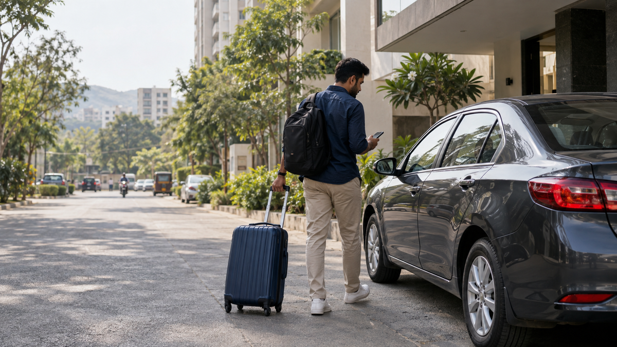 Traveller with a suitcase approaching a sedan at a Pune residential pickup point