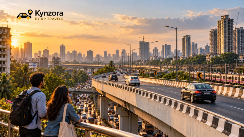 Two travellers overlooking a modern Mumbai flyover with moving traffic, railway tracks and city skyline at sunset, featuring Kynzora by KP Travels branding.