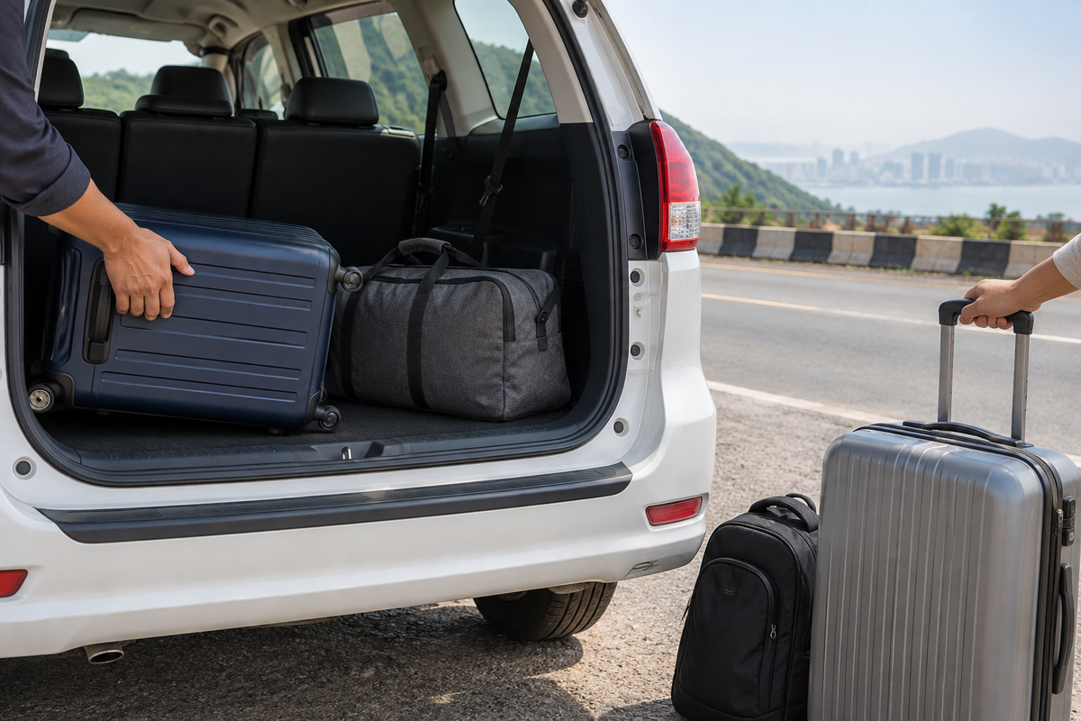 Luggage arranged beside the boot of an intercity cab