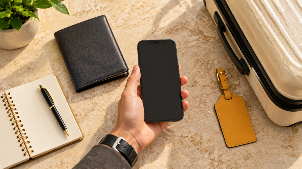 A hand holding a blank-screen phone beside a notebook, travel wallet, yellow luggage tag and cream suitcase