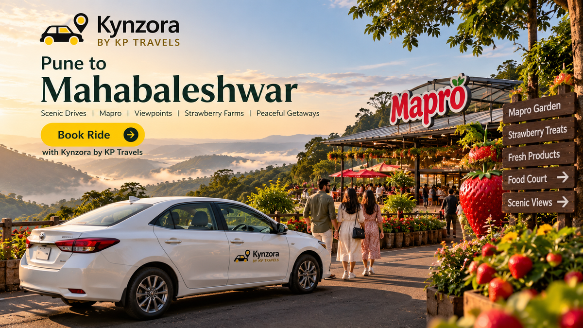 Photorealistic view of Mapro Garden near Mahabaleshwar, featuring lush green hills, strawberry gardens, a premium white sedan branded Kynzora by KP Travels, and scenic mountain landscapes promoting Pune to Mahabaleshwar cab booking.