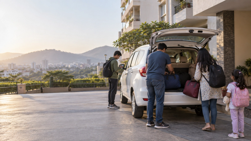 Family loading bags into a white MPV outside a Pune apartment before an outstation trip