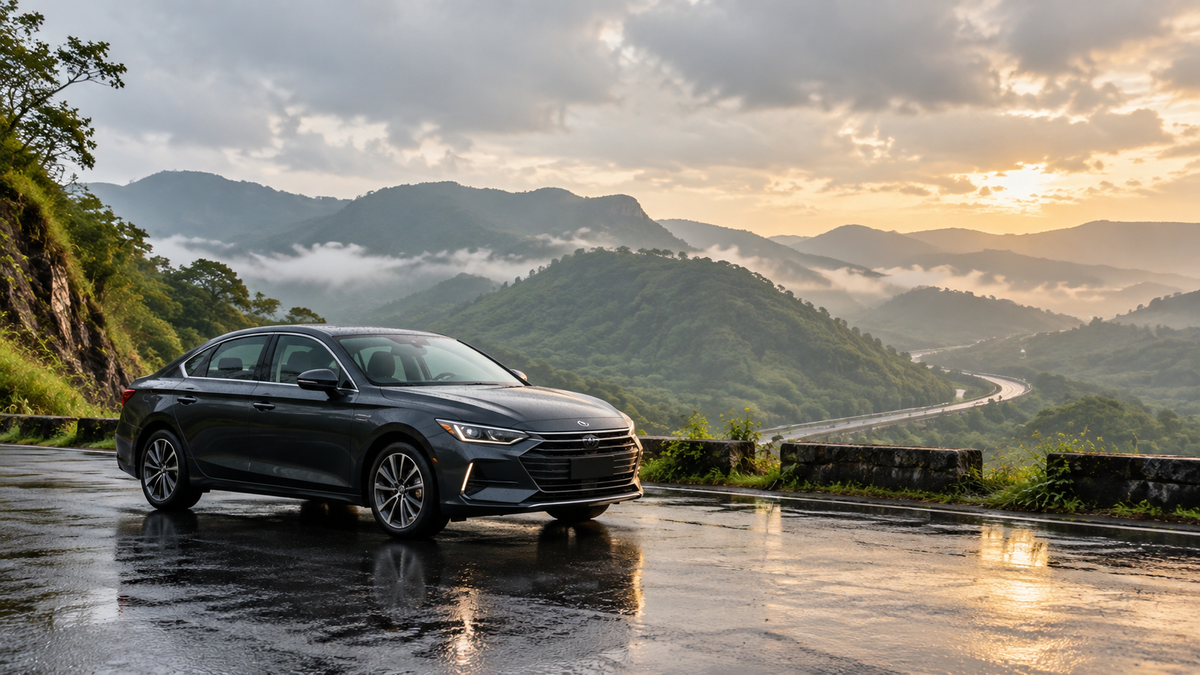 Illustrative charcoal sedan parked beside green hills after light rain.