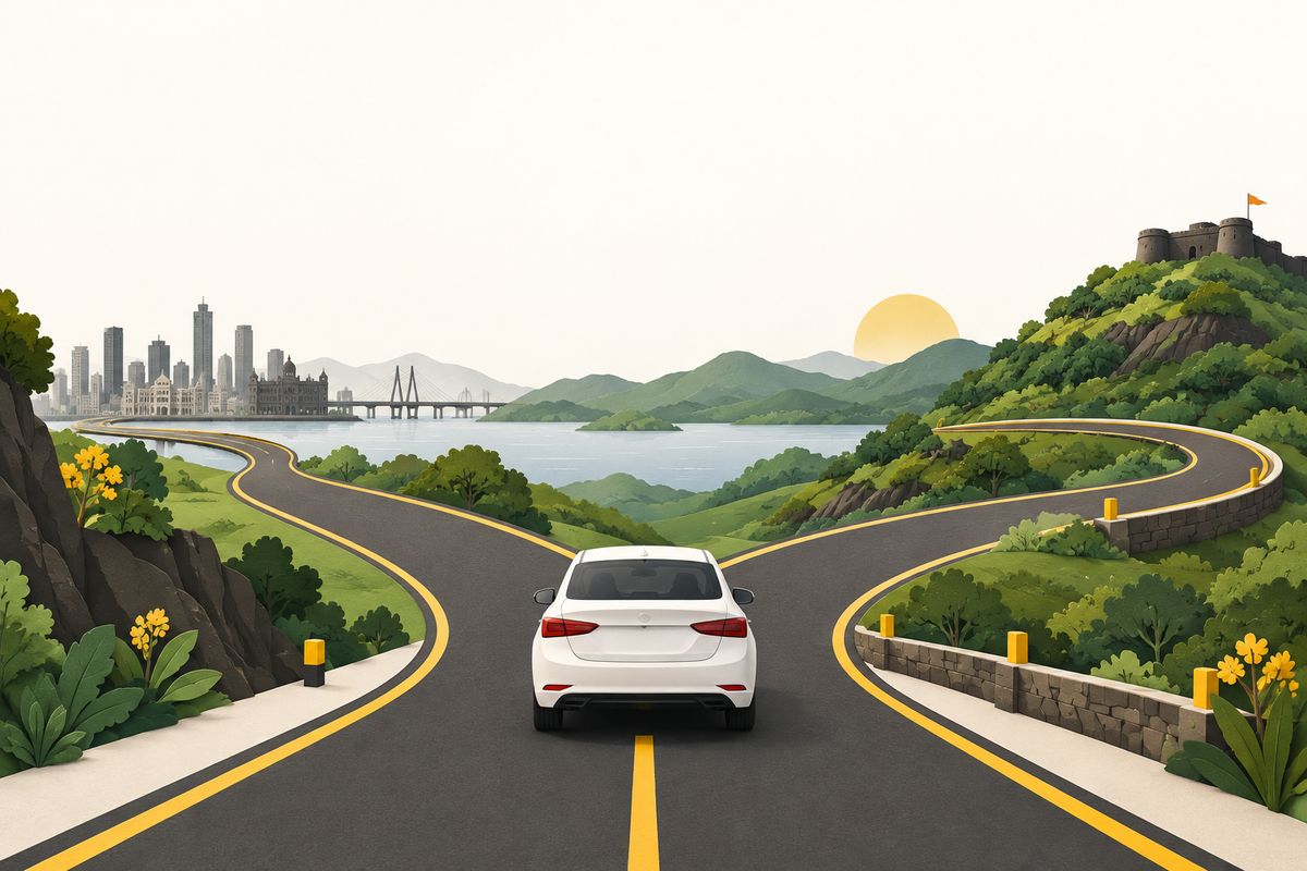 Illustration: Sedan approaching a fork between city and hill routes