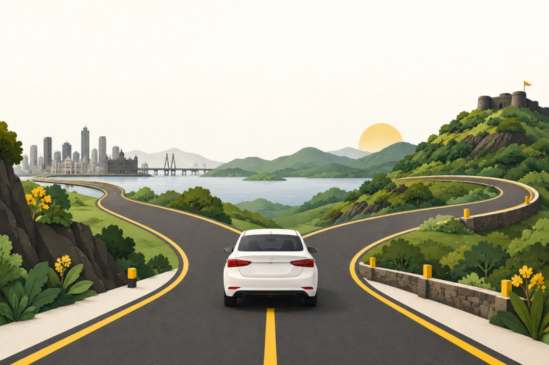 Illustration: Sedan approaching a fork between city and hill routes