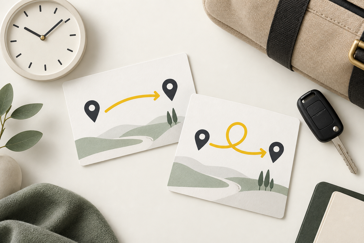 Illustration: One-way arrow and return loop comparing two cab booking options