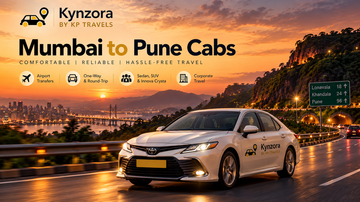 Kynzora by KP Travels white sedan on Mumbai–Pune Expressway at sunset, offering comfortable Mumbai to Pune cab booking services.