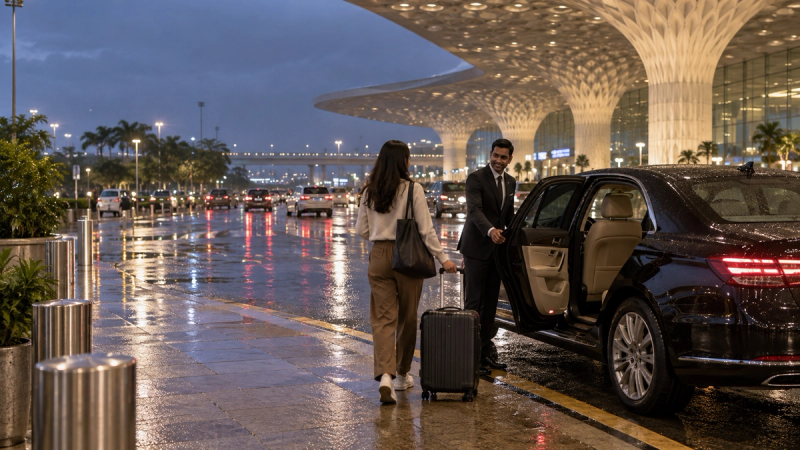 Traveller with a suitcase walking toward a cab at Mumbai Airport in the evening