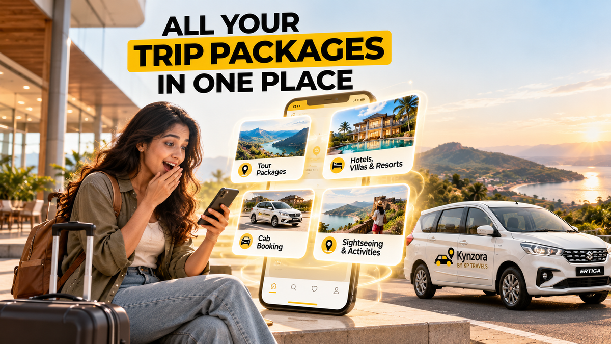 Surprised woman discovering tour packages, hotels, villas, resorts, cab bookings and sightseeing options in one place, with a white Ertiga cab by Kynzora by KP Travels.