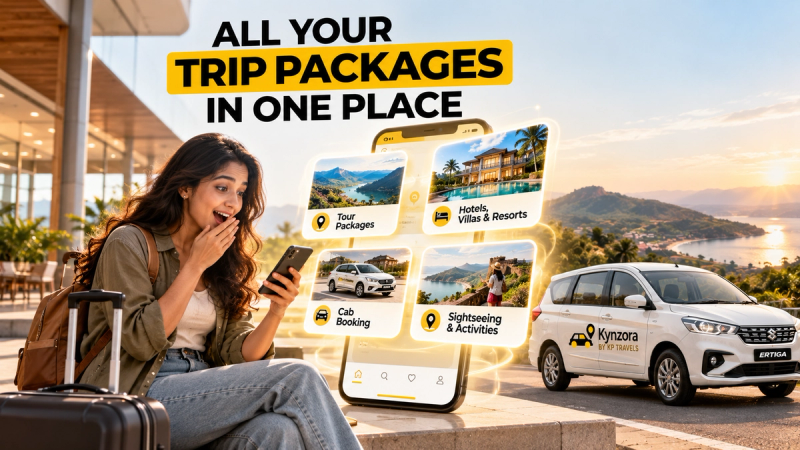 Surprised woman discovering tour packages, hotels, villas, resorts, cab bookings and sightseeing options in one place, with a white Ertiga cab by Kynzora by KP Travels.