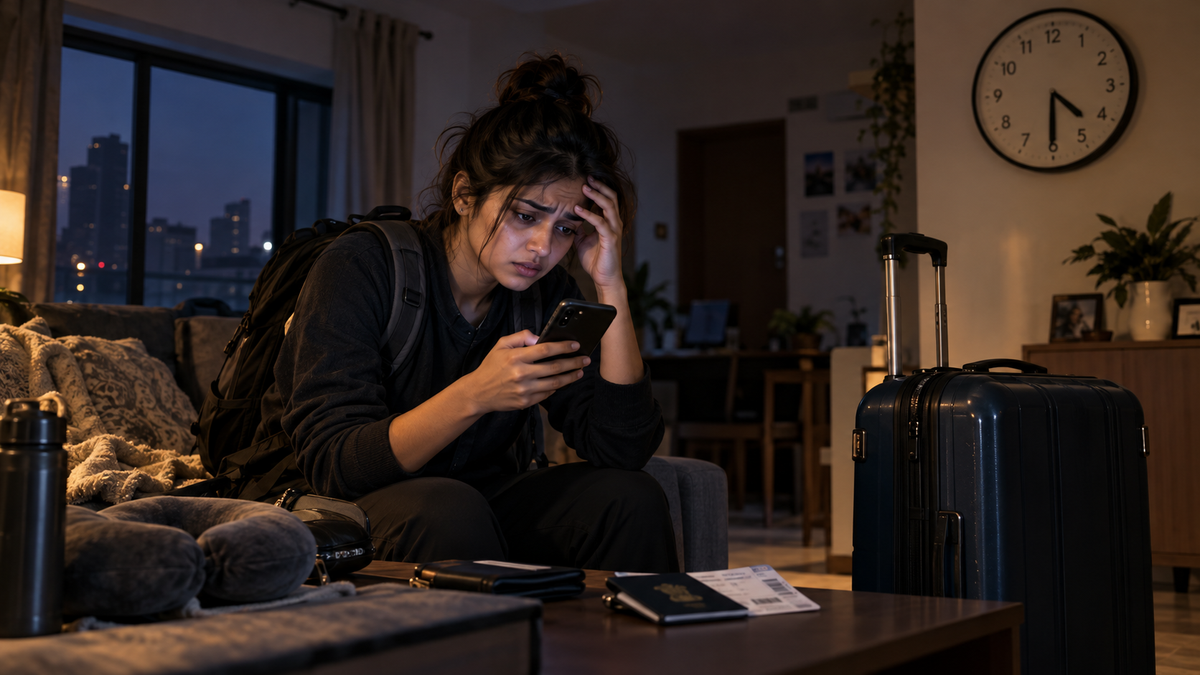 Stressed woman trying to book an early morning airport cab from home at 4:30 AM, with packed luggage and flight tickets beside her.