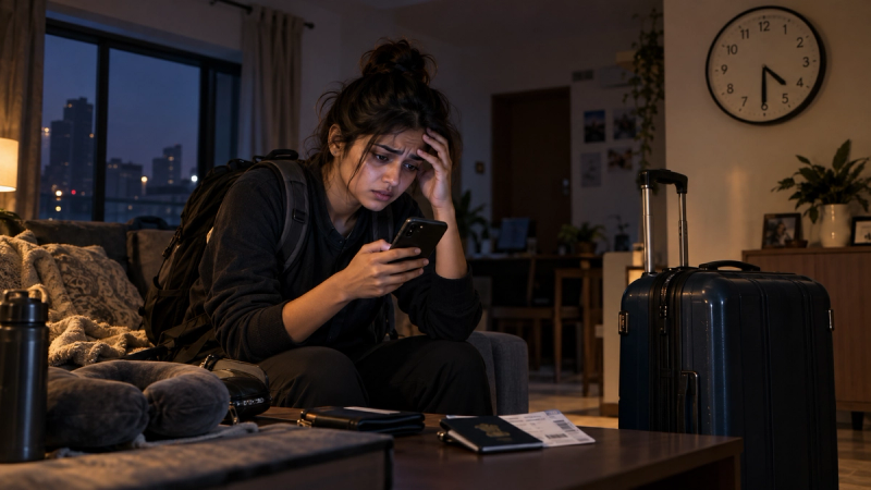 Stressed woman trying to book an early morning airport cab from home at 4:30 AM, with packed luggage and flight tickets beside her.