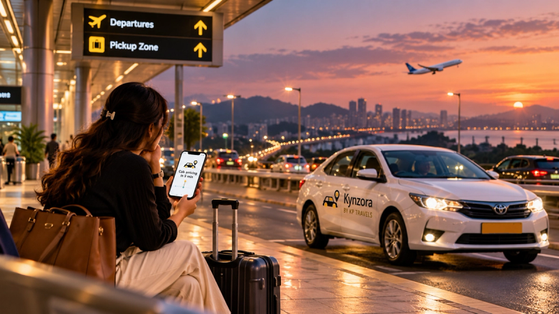Woman waiting with luggage at an airport pickup point, checking cab arrival time as a Kynzora by KP Travels taxi approaches.