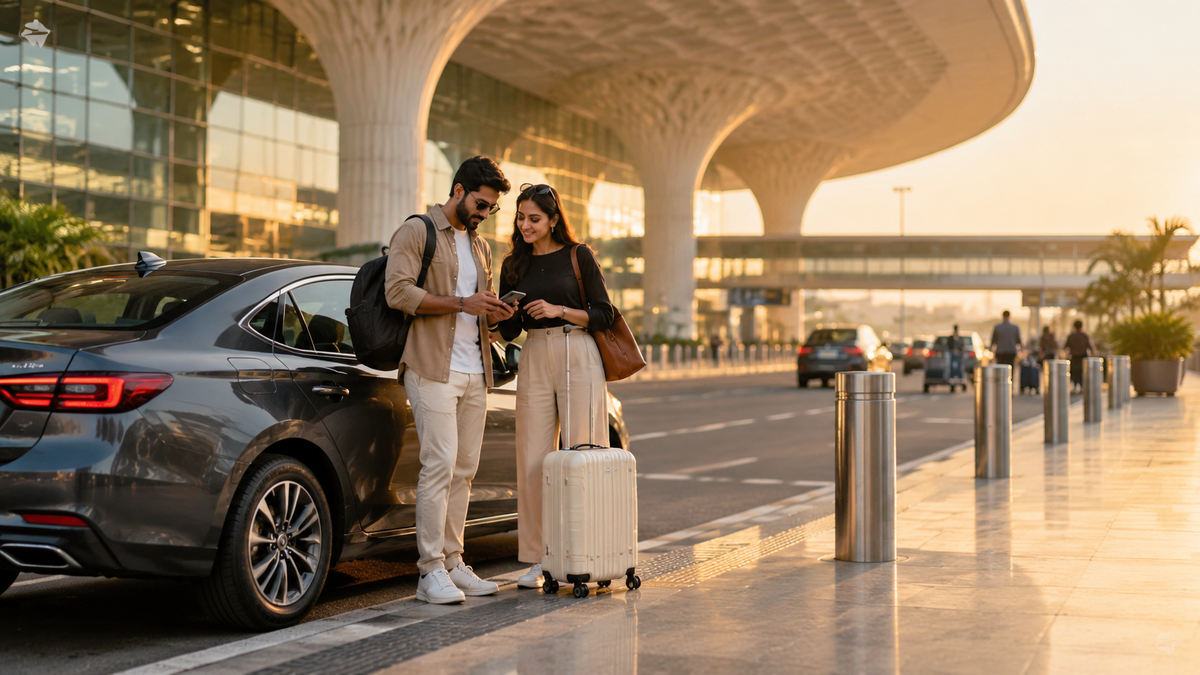 Two adult travellers checking a phone beside a charcoal sedan and cream suitcase at an illustrative airport drop-off