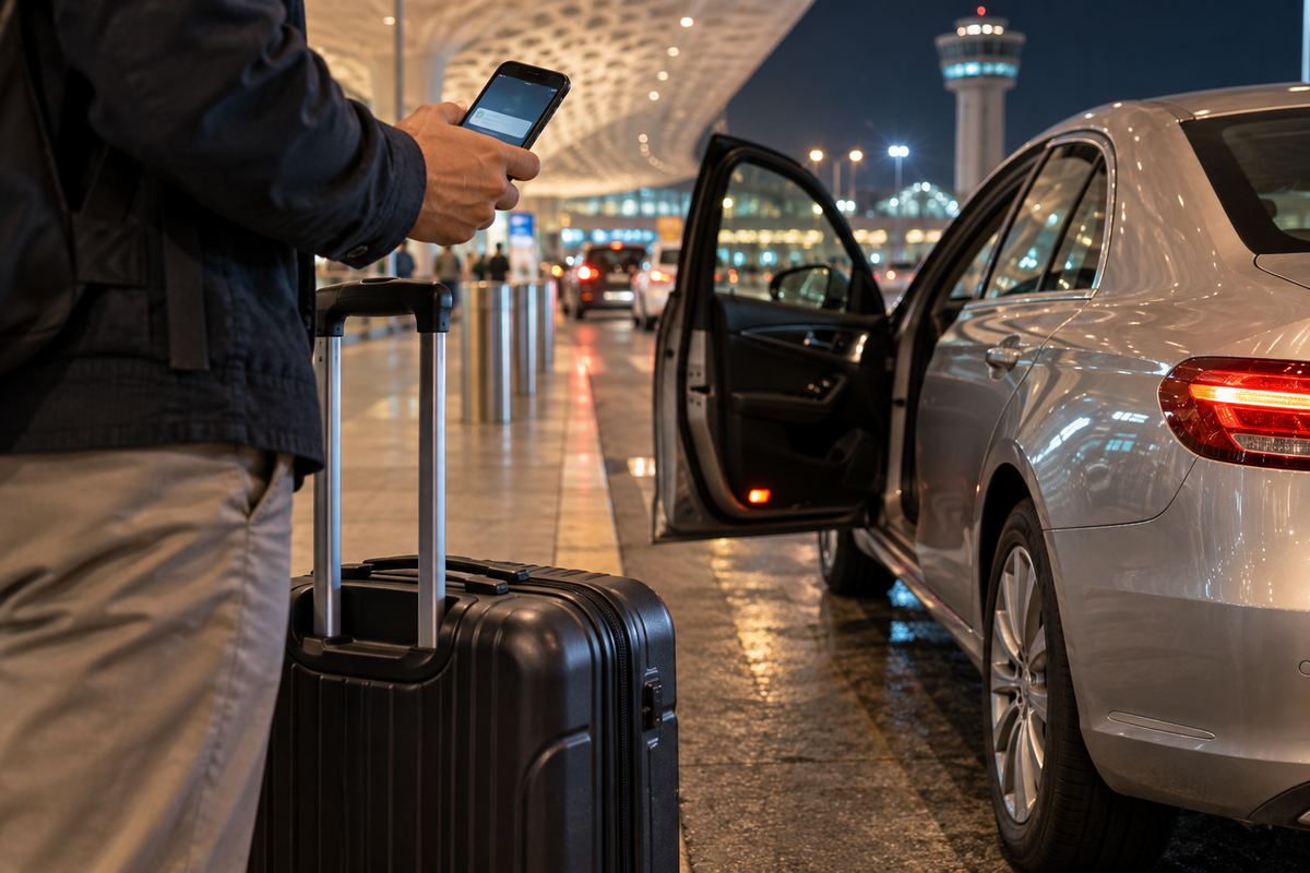 Cab waiting near an airport pickup area with a passenger carrying hand luggage