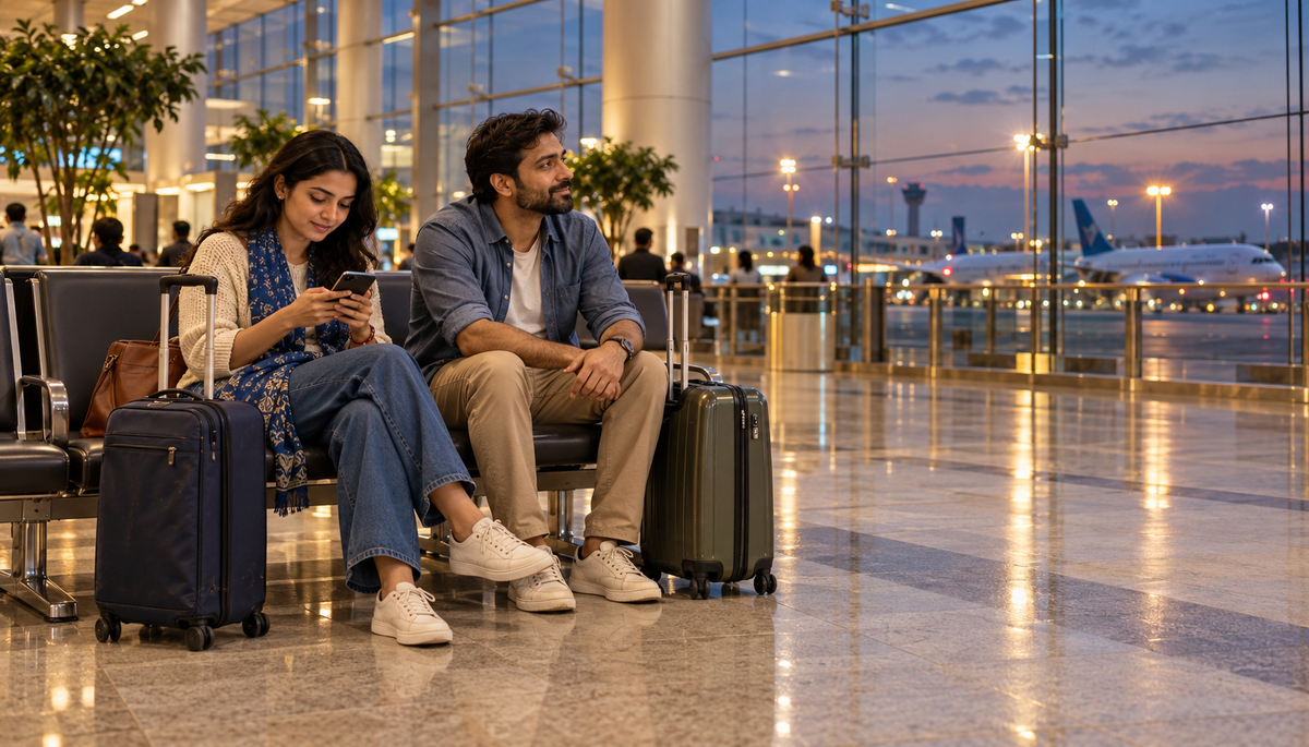 Two adult travellers wait with luggage in a modern airport seating area at dusk, one checking a phone.