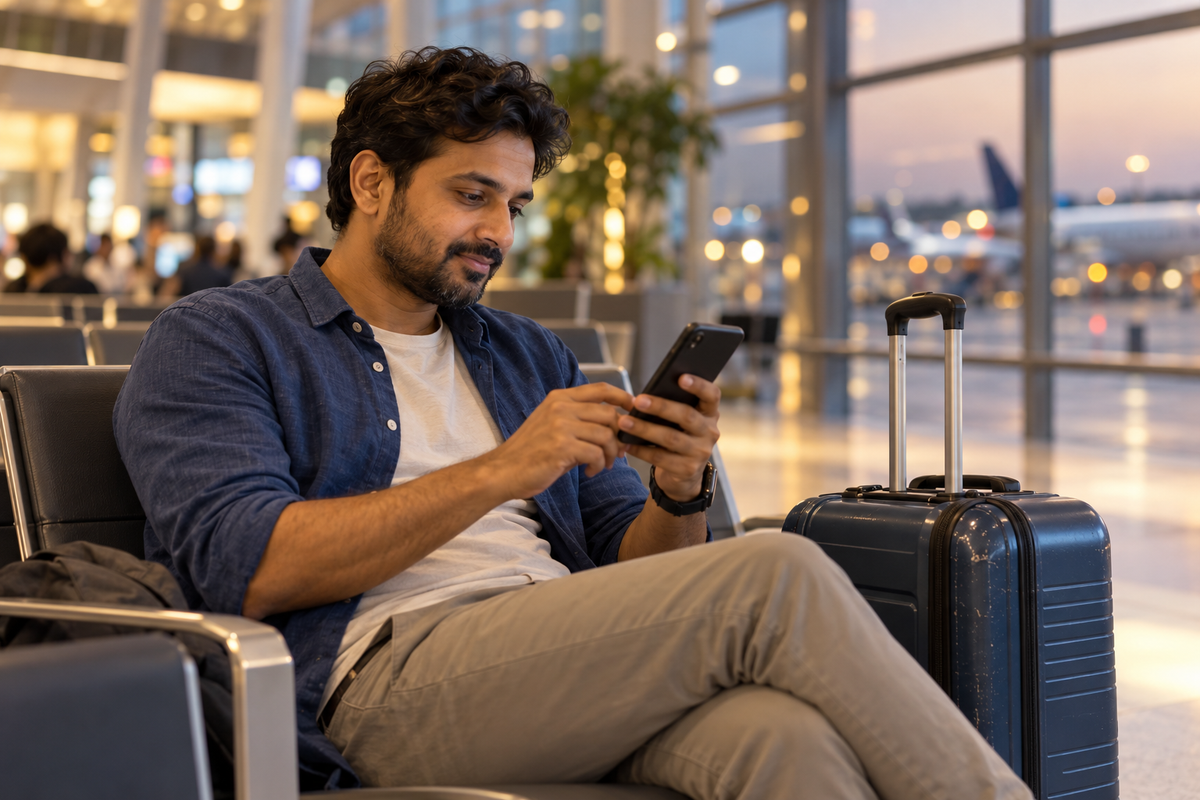 Adult traveller checks a smartphone while seated beside a suitcase in a softly lit airport.