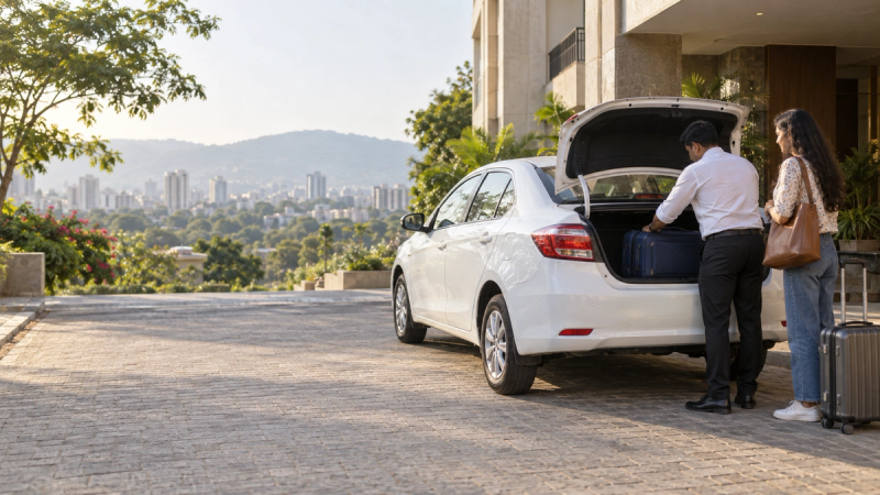 Passengers loading luggage into a sedan before a Pune to Mumbai cab trip