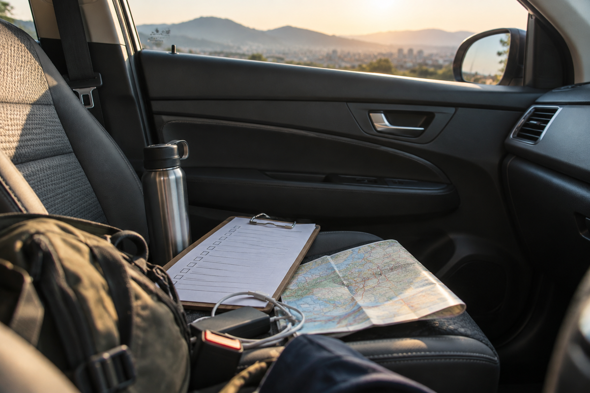 Travel checklist, water bottle and charging cable inside a cab