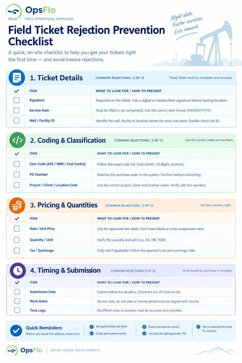 One-page oilfield invoice pre-submission checklist.