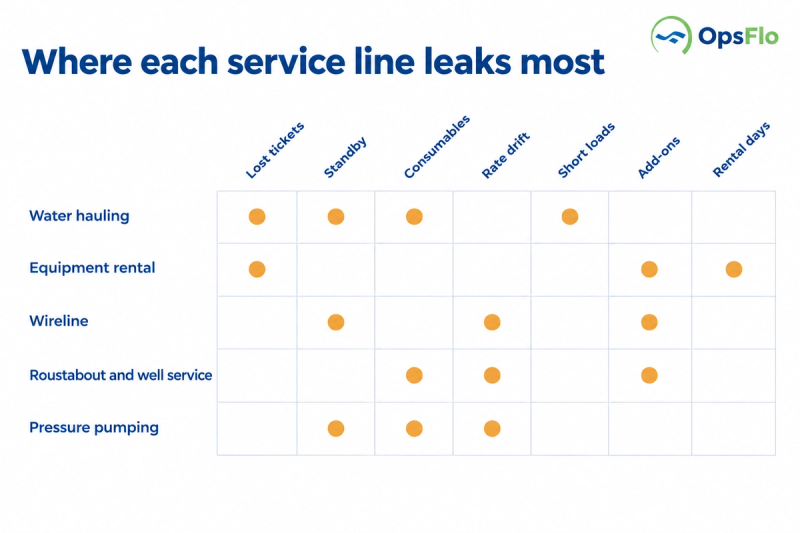 Grid showing which revenue leaks hit each oilfield service line hardest