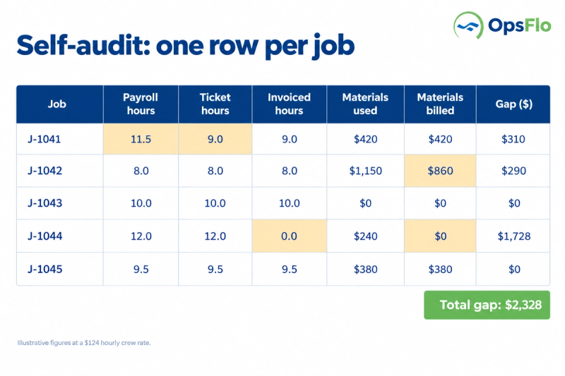 Example revenue leakage self-audit comparing payroll hours, ticket hours and invoiced hours for five oilfield jobs