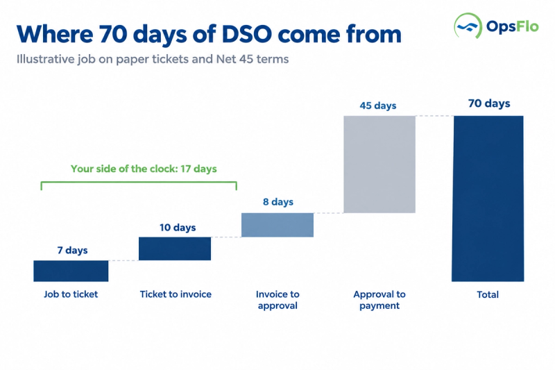 Waterfall chart of where oilfield service DSO days go, from job completion to payment