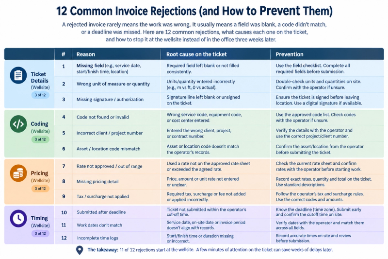 Table of twelve oilfield invoice rejection reasons with root cause and prevention for each.