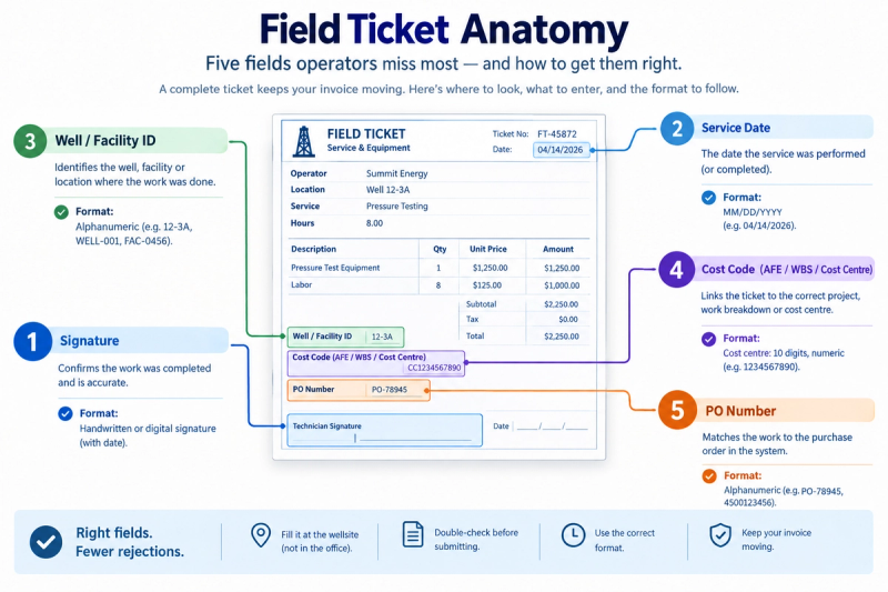 Field ticket diagram highlighting the five fields most often missing or incorrect.