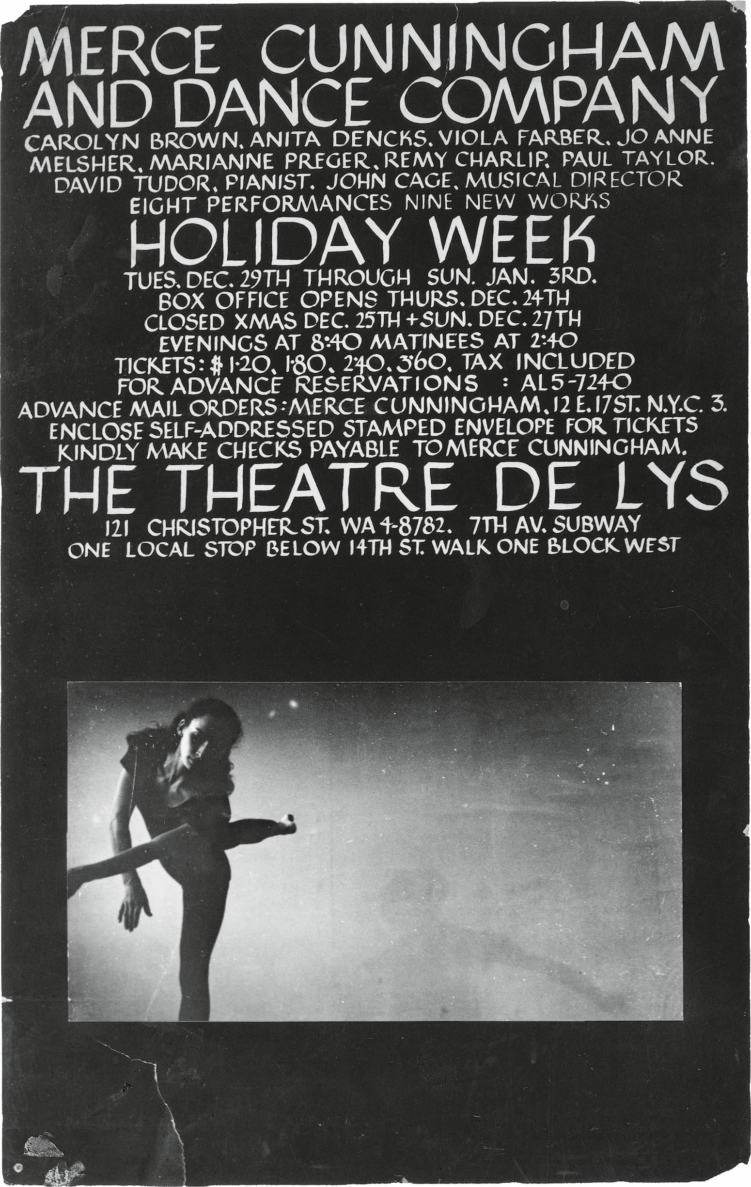 A vintage poster for Merce Cunningham and Dance Company featuring a list of performers and event details, with a black-and-white image of a dancer in motion at the bottom.