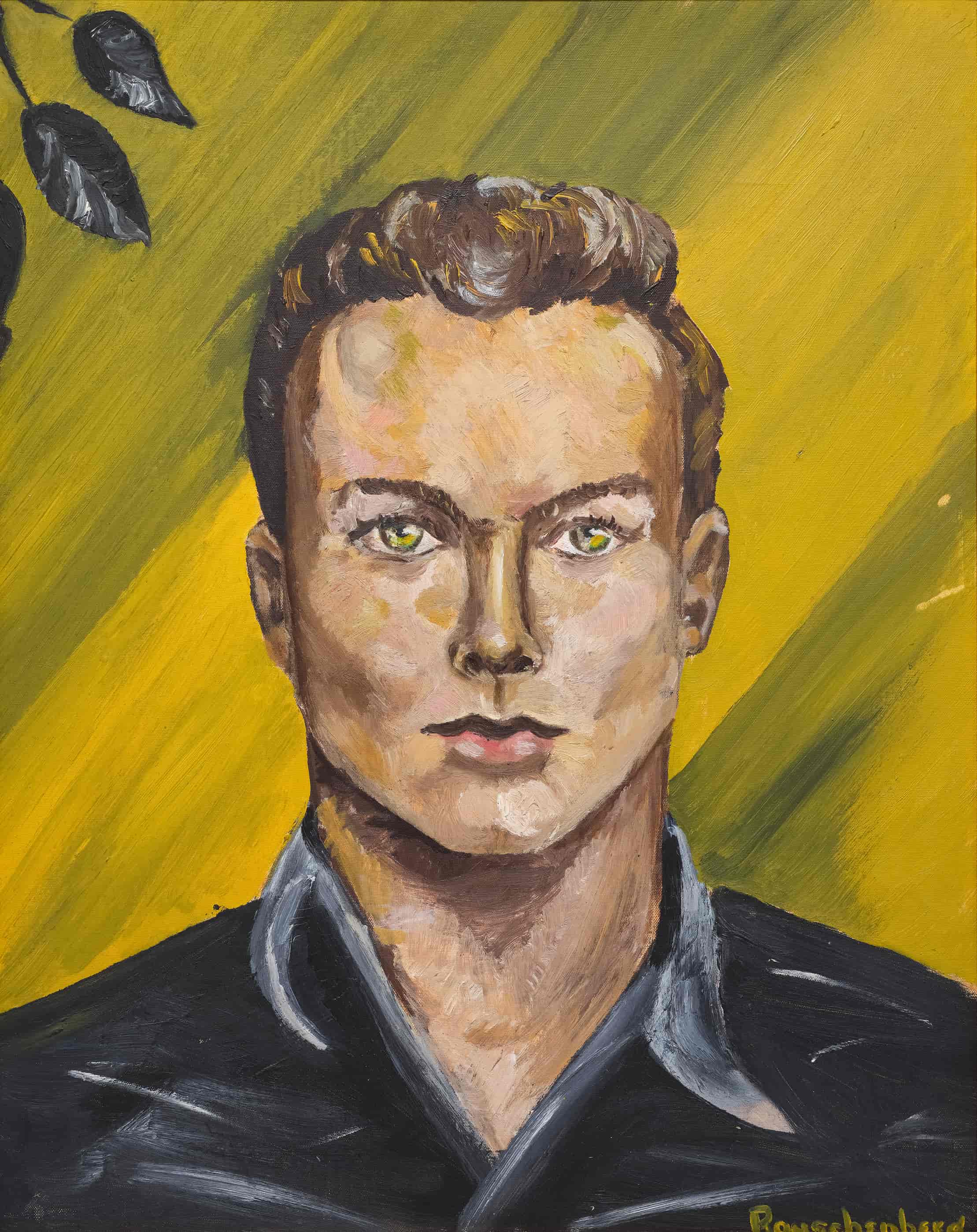 A portrait of a young man with short, styled hair and a serious expression, set against a vibrant yellow background, framed in gold.